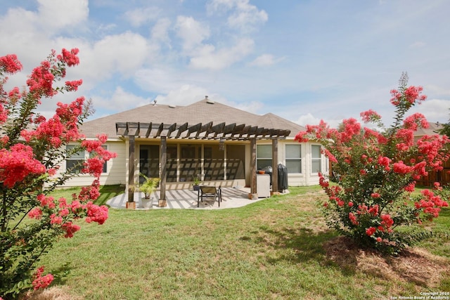 12106 Calm Hbr, San Antonio, TX 78253 - back of house featuring a pergola, a patio, a yard, and roof with shingles