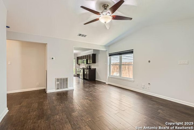 6862 Maple Spgs Unit 6862, San Antonio, TX 78249 - unfurnished living room featuring ceiling fan, dark wood-style flooring, lofted ceiling, and baseboards