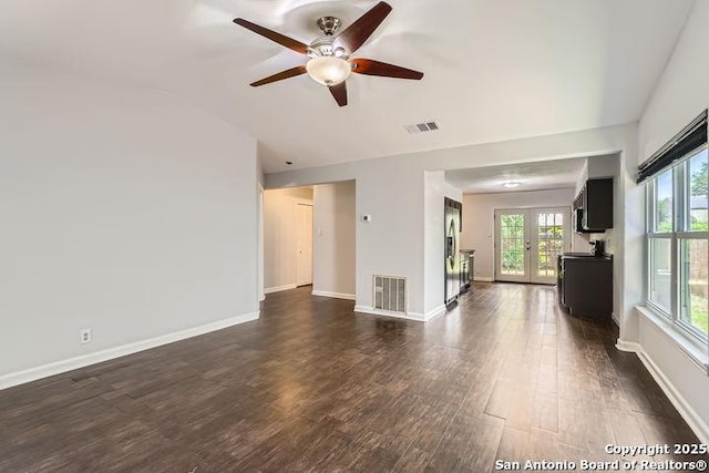 6862 Maple Spgs Unit 6862, San Antonio, TX 78249 - unfurnished living room with a ceiling fan, lofted ceiling, dark wood-style floors, baseboards, and french doors