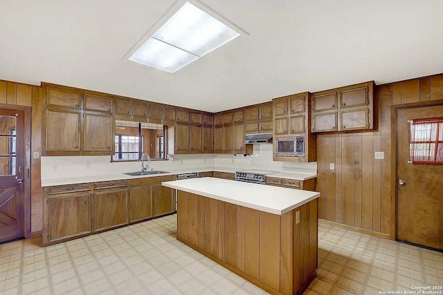 1212 County Road 337, La Vernia, TX 78121 - kitchen featuring a sink, stainless steel microwave, under cabinet range hood, light floors, and light countertops