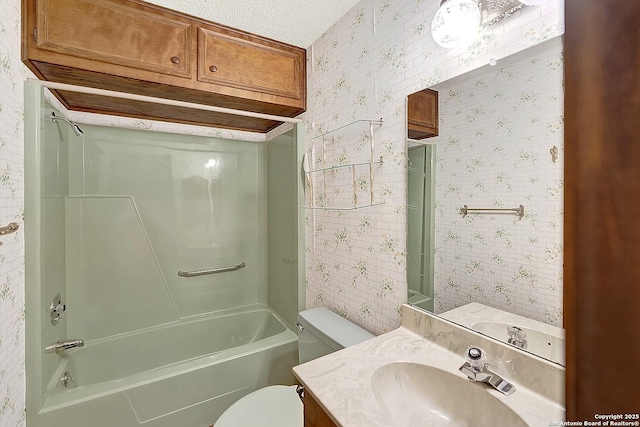 1212 County Road 337, La Vernia, TX 78121 - full bathroom with toilet, wallpapered walls, vanity, and bathing tub / shower combination