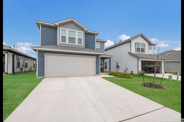 13735 Prospector Post, San Antonio, TX 78253 - view of front of property with board and batten siding, a garage, a front lawn, and concrete driveway