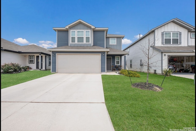13735 Prospector Post, San Antonio, TX 78253 - view of front of property featuring board and batten siding, an attached garage, driveway, and a front lawn
