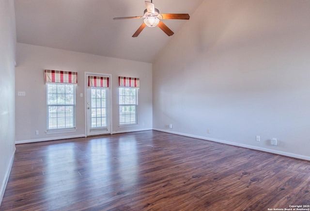 5535 Circle Oak Dr, Bulverde, TX 78163 - unfurnished room with high vaulted ceiling, baseboards, ceiling fan, and dark wood-style floors