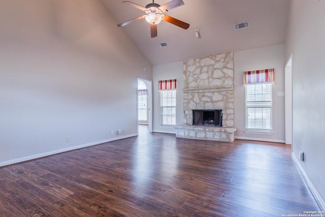 5535 Circle Oak Dr, Bulverde, TX 78163 - unfurnished living room featuring high vaulted ceiling, plenty of natural light, a ceiling fan, wood finished floors, and baseboards