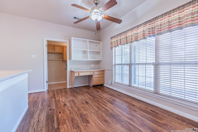 5535 Circle Oak Dr, Bulverde, TX 78163 - unfurnished office featuring built in study area, ceiling fan, baseboards, and wood finished floors