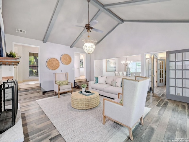 19914 Encino Moss, San Antonio, TX 78259 - living room with a chandelier, wood finished floors, beam ceiling, high vaulted ceiling, and a ceiling fan