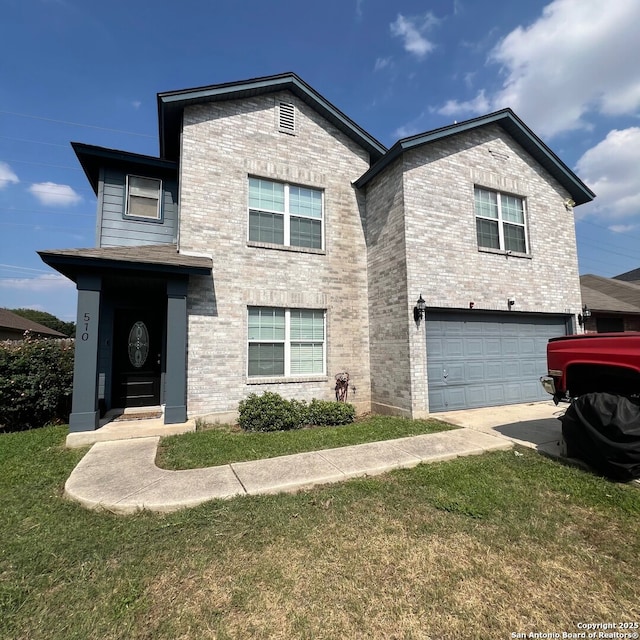 510 Tres Caminos, San Antonio, TX 78245 - view of front of property with a garage, brick siding, a front lawn, and concrete driveway