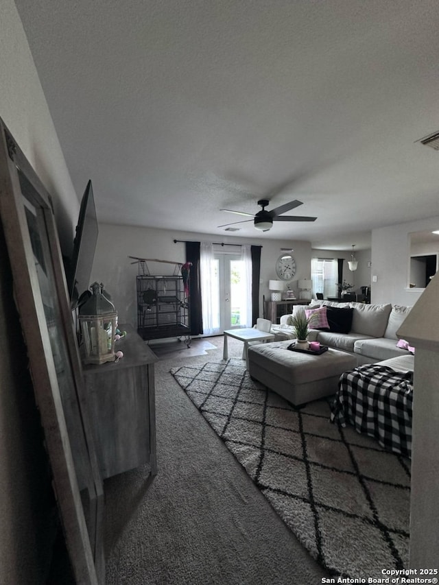 510 Tres Caminos, San Antonio, TX 78245 - living area with carpet, ceiling fan, and a textured ceiling