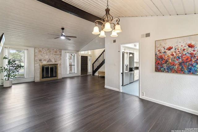 2926 Quail Oak, San Antonio, TX 78232 - unfurnished living room with dark wood-type flooring, stairway, ceiling fan, baseboards, and a chandelier