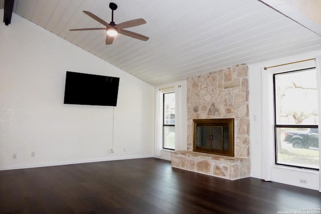 2926 Quail Oak, San Antonio, TX 78232 - unfurnished living room with lofted ceiling, healthy amount of natural light, dark wood-style flooring, ceiling fan, and a fireplace