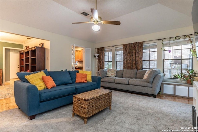 4415 Shavano Way, San Antonio, TX 78249 - living room with ceiling fan, lofted ceiling, and light carpet