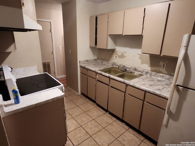 4731 Castle Queen, San Antonio, TX 78218 - kitchen featuring a sink, exhaust hood, white appliances, light countertops, and light tile patterned floors
