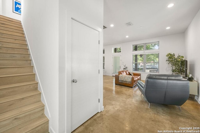 430 Burleson, San Antonio, TX 78202 - living area with stairway, recessed lighting, and finished concrete flooring