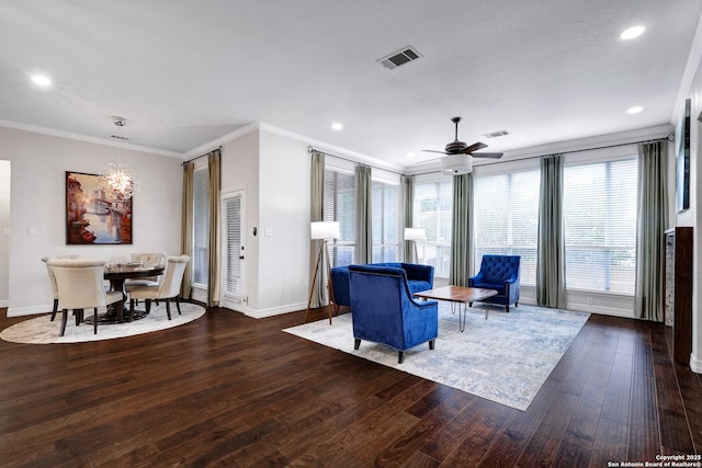 11 Gemsbuck Rise, San Antonio, TX 78258 - living room featuring hardwood / wood-style floors, a chandelier, baseboards, crown molding, and ceiling fan