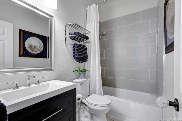 11 Gemsbuck Rise, San Antonio, TX 78258 - bathroom featuring vanity, toilet, shower / tub combo with curtain, and a textured wall
