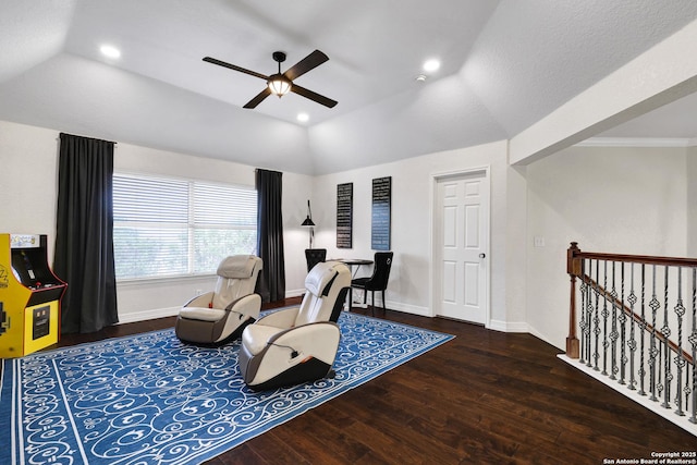 11 Gemsbuck Rise, San Antonio, TX 78258 - sitting room with ceiling fan, wood finished floors, vaulted ceiling, an upstairs landing, and baseboards