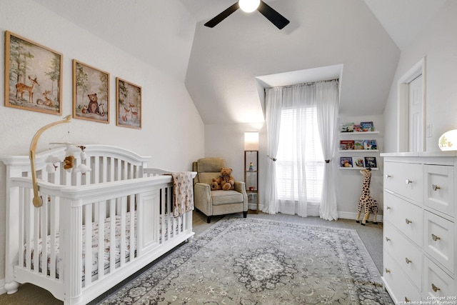 11 Gemsbuck Rise, San Antonio, TX 78258 - bedroom with lofted ceiling, a crib, a ceiling fan, and baseboards
