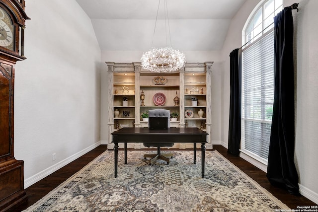 11 Gemsbuck Rise, San Antonio, TX 78258 - office area featuring vaulted ceiling, healthy amount of natural light, dark wood-type flooring, a chandelier, and baseboards