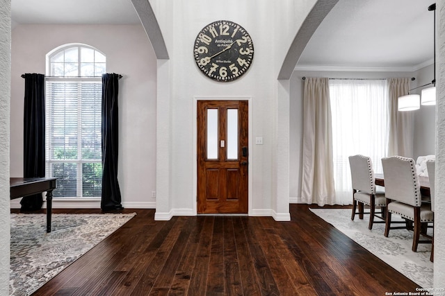 11 Gemsbuck Rise, San Antonio, TX 78258 - entrance foyer featuring arched walkways, hardwood / wood-style floors, baseboards, healthy amount of natural light, and crown molding