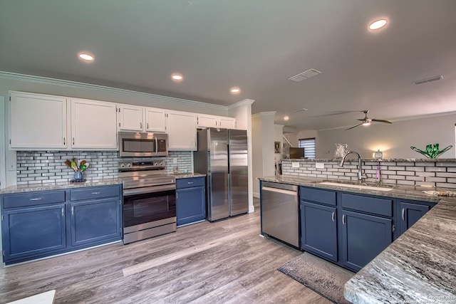 3512 Mcalister, Schertz, TX 78154 - kitchen featuring appliances with stainless steel finishes, blue cabinets, a sink, crown molding, and backsplash