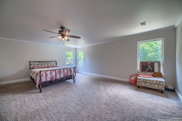 3512 Mcalister, Schertz, TX 78154 - bedroom featuring ornamental molding, baseboards, carpet flooring, and a ceiling fan