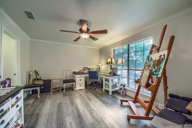 3512 Mcalister, Schertz, TX 78154 - office area featuring wood finished floors, crown molding, and ceiling fan