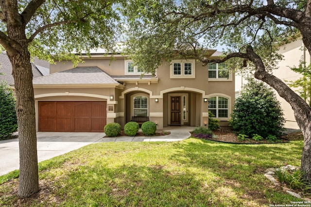 11923 Sandbar, San Antonio, TX 78230 - view of front of house featuring stucco siding, driveway, an attached garage, a front yard, and roof with shingles