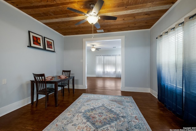 721 W Kings Hwy, San Antonio, TX 78212 - dining room featuring wood ceiling, ceiling fan, crown molding, baseboards, and wood finished floors
