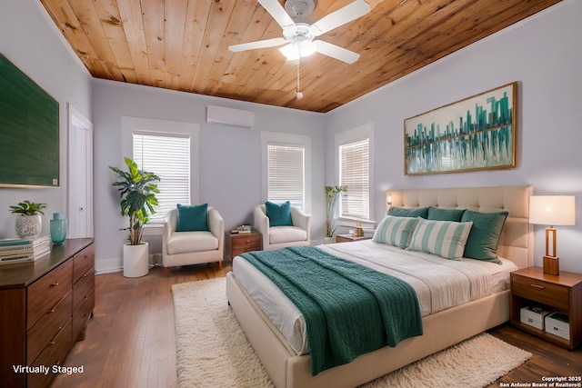 721 W Kings Hwy, San Antonio, TX 78212 - bedroom featuring wood ceiling, dark wood-style flooring, a wall mounted AC, a ceiling fan, and baseboards