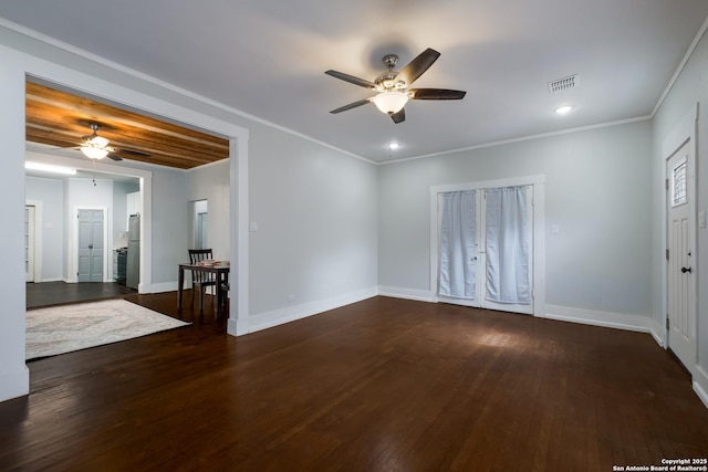 721 W Kings Hwy, San Antonio, TX 78212 - unfurnished living room with a ceiling fan, wood finished floors, baseboards, recessed lighting, and crown molding
