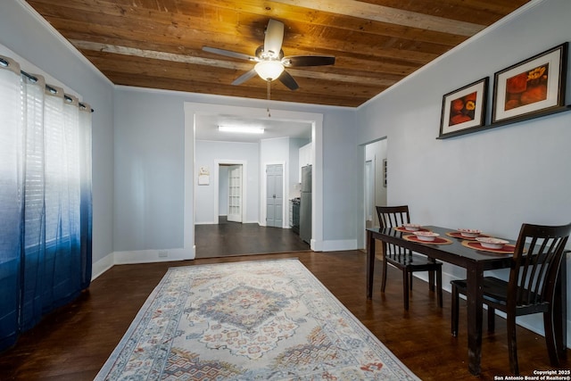 721 W Kings Hwy, San Antonio, TX 78212 - dining room with wood ceiling, a ceiling fan, dark wood-type flooring, and baseboards