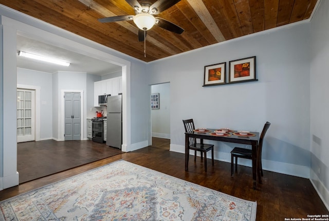 721 W Kings Hwy, San Antonio, TX 78212 - dining area with wood ceiling, dark wood finished floors, ceiling fan, baseboards, and crown molding