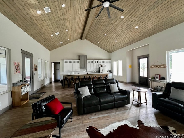 34 Lazy Day, Concan, TX 78838 - living area featuring high vaulted ceiling, a ceiling fan, recessed lighting, wood finished floors, and beamed ceiling