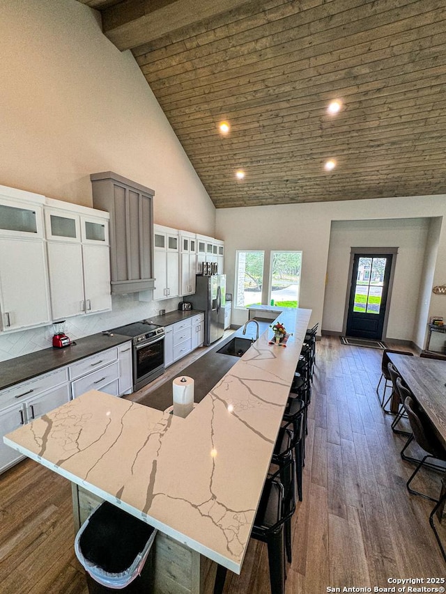 34 Lazy Day, Concan, TX 78838 - kitchen with appliances with stainless steel finishes, a sink, high vaulted ceiling, a large island with sink, and plenty of natural light