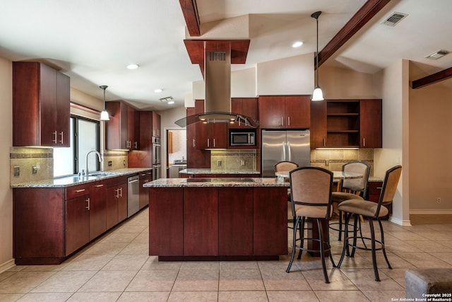 2102 Oak Wild St, San Antonio, TX 78232 - kitchen featuring stainless steel appliances, island exhaust hood, tasteful backsplash, beam ceiling, and recessed lighting