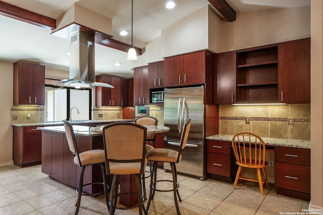 2102 Oak Wild St, San Antonio, TX 78232 - kitchen with stainless steel fridge, tasteful backsplash, an island with sink, open shelves, and recessed lighting