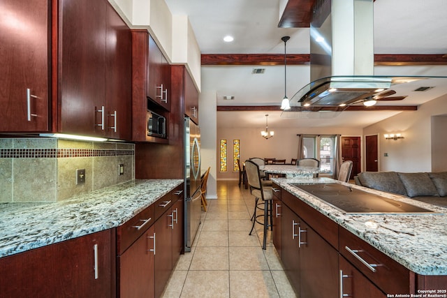 2102 Oak Wild St, San Antonio, TX 78232 - kitchen with black appliances, tasteful backsplash, light tile patterned flooring, hanging light fixtures, and island range hood
