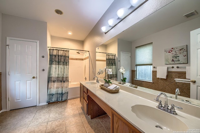 112 Springtree Bnd, Cibolo, TX 78108 - bathroom with shower / tub combo, tile patterned floors, and double vanity