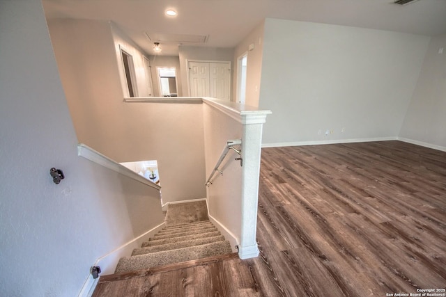 112 Springtree Bnd, Cibolo, TX 78108 - stairway with baseboards, wood finished floors, and attic access