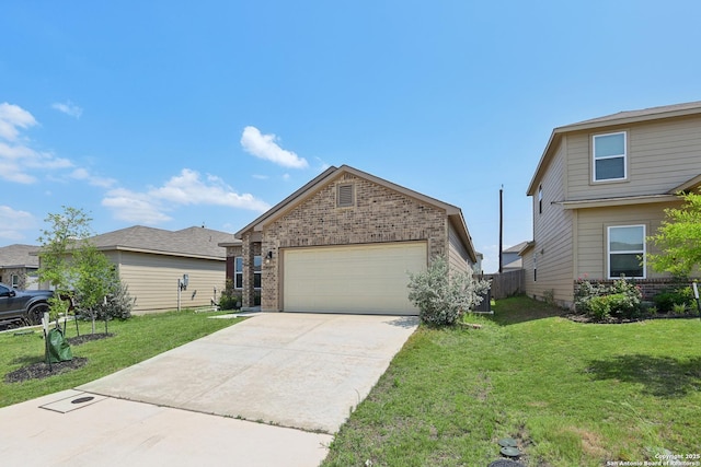 7150 Pisces, Converse, TX 78109 - view of front facade featuring brick siding, a front lawn, concrete driveway, and a garage