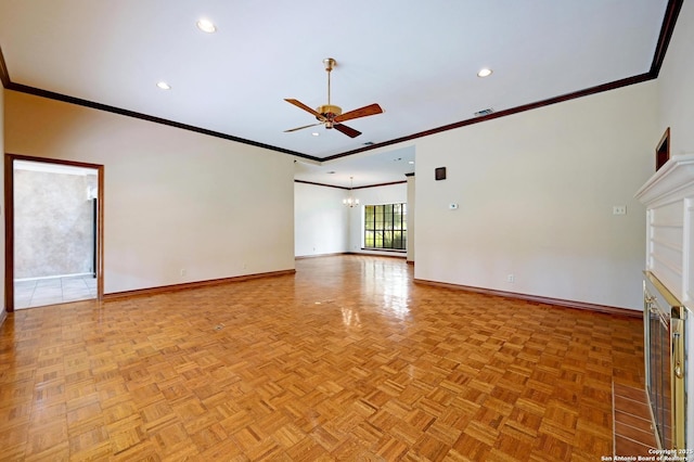 29241 Seabiscuit, Boerne, TX 78015 - unfurnished living room featuring baseboards, ceiling fan, crown molding, a fireplace, and recessed lighting