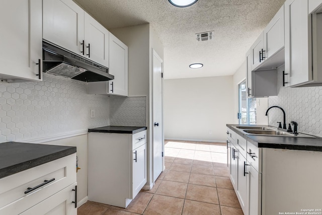 2602 Leslie Nicole, San Antonio, TX 78237 - kitchen featuring under cabinet range hood, a sink, dark countertops, backsplash, and light tile patterned floors