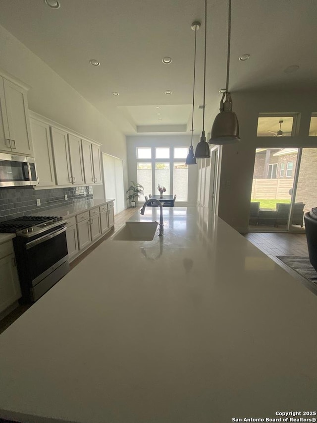 1185 Abelia, New Braunfels, TX 78132 - kitchen featuring stainless steel appliances, a sink, tasteful backsplash, a large island with sink, and white cabinetry
