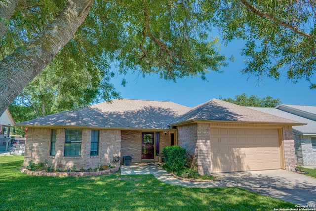 3828 Hunters Gln, Schertz, TX 78108 - ranch-style home featuring an attached garage, concrete driveway, a front lawn, and a shingled roof