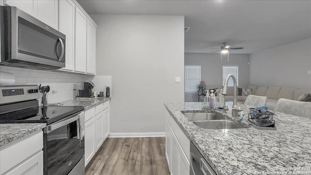 229 Colebrook Way, Cibolo, TX 78108 - kitchen with appliances with stainless steel finishes, a sink, ceiling fan, tasteful backsplash, and dark wood finished floors