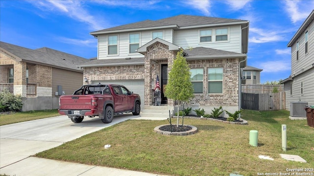 229 Colebrook Way, Cibolo, TX 78108 - view of front of house with concrete driveway, brick siding, an attached garage, and cooling unit