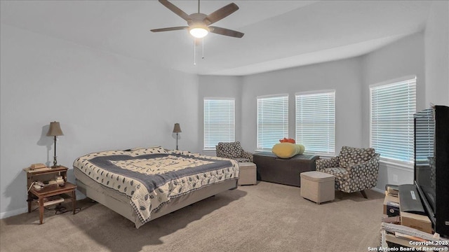 229 Colebrook Way, Cibolo, TX 78108 - bedroom with light carpet, baseboards, and ceiling fan