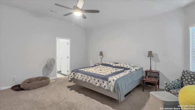 229 Colebrook Way, Cibolo, TX 78108 - carpeted bedroom featuring baseboards, a ceiling fan, and vaulted ceiling