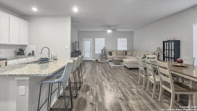 229 Colebrook Way, Cibolo, TX 78108 - kitchen with a sink, a ceiling fan, wood finished floors, white cabinets, and light stone counters